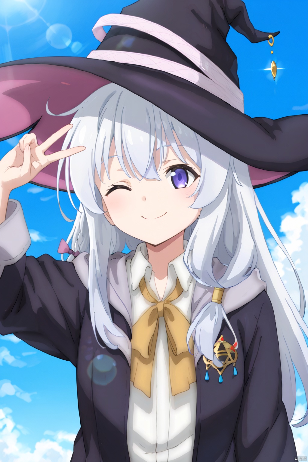 1girl ﻿ solo ﻿ long hair ﻿ smile ﻿ bangs ﻿ blue eyes ﻿ shirt ﻿ hat ﻿ ribbon ﻿ closed mouth ﻿ purple eyes ﻿ white shirt ﻿ upper body ﻿ white hair ﻿ outdoors ﻿ sky ﻿ day ﻿ collared shirt ﻿ cloud ﻿ hood ﻿ blue sky ﻿ black headwear ﻿ witch hat ﻿ lens flare ﻿ robe ﻿ witch ﻿ black robe ﻿ elaina \(majo no tabitabi\),v, one eye closed, 