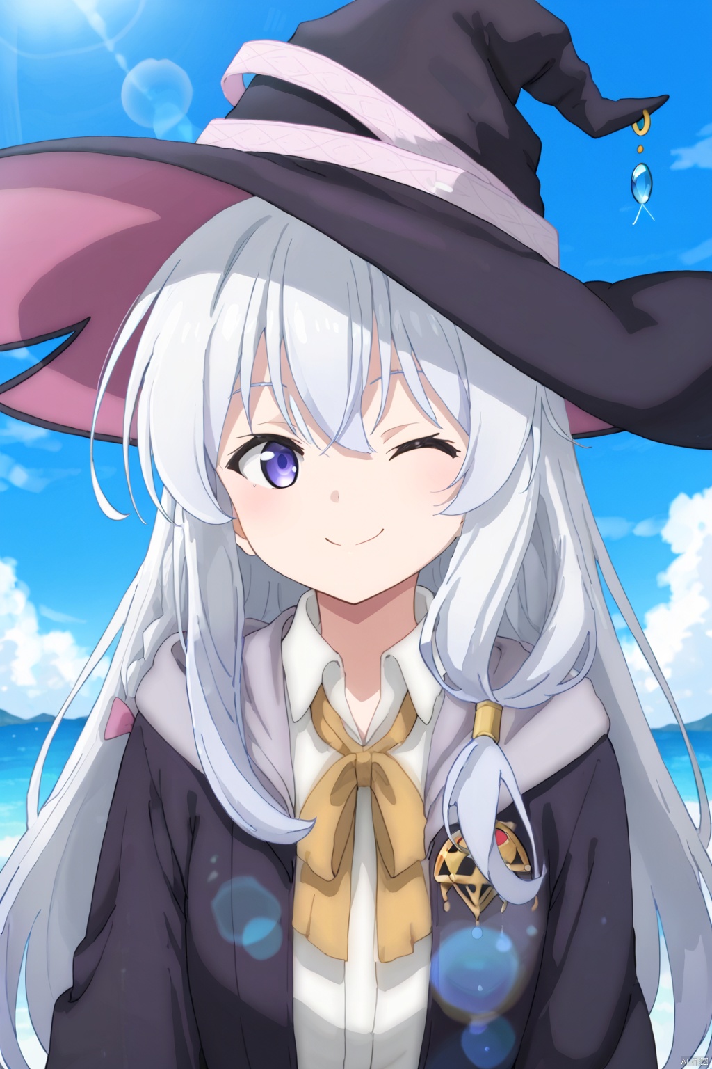 1girl ﻿ solo ﻿ long hair ﻿ smile ﻿ bangs ﻿ blue eyes ﻿ shirt ﻿ hat ﻿ ribbon ﻿ closed mouth ﻿ purple eyes ﻿ white shirt ﻿ upper body ﻿ white hair ﻿ outdoors ﻿ sky ﻿ day ﻿ collared shirt ﻿ cloud ﻿ hood ﻿ blue sky ﻿ black headwear ﻿ witch hat ﻿ lens flare ﻿ robe ﻿ witch ﻿ black robe ﻿ elaina \(majo no tabitabi\),v, one eye closed, 