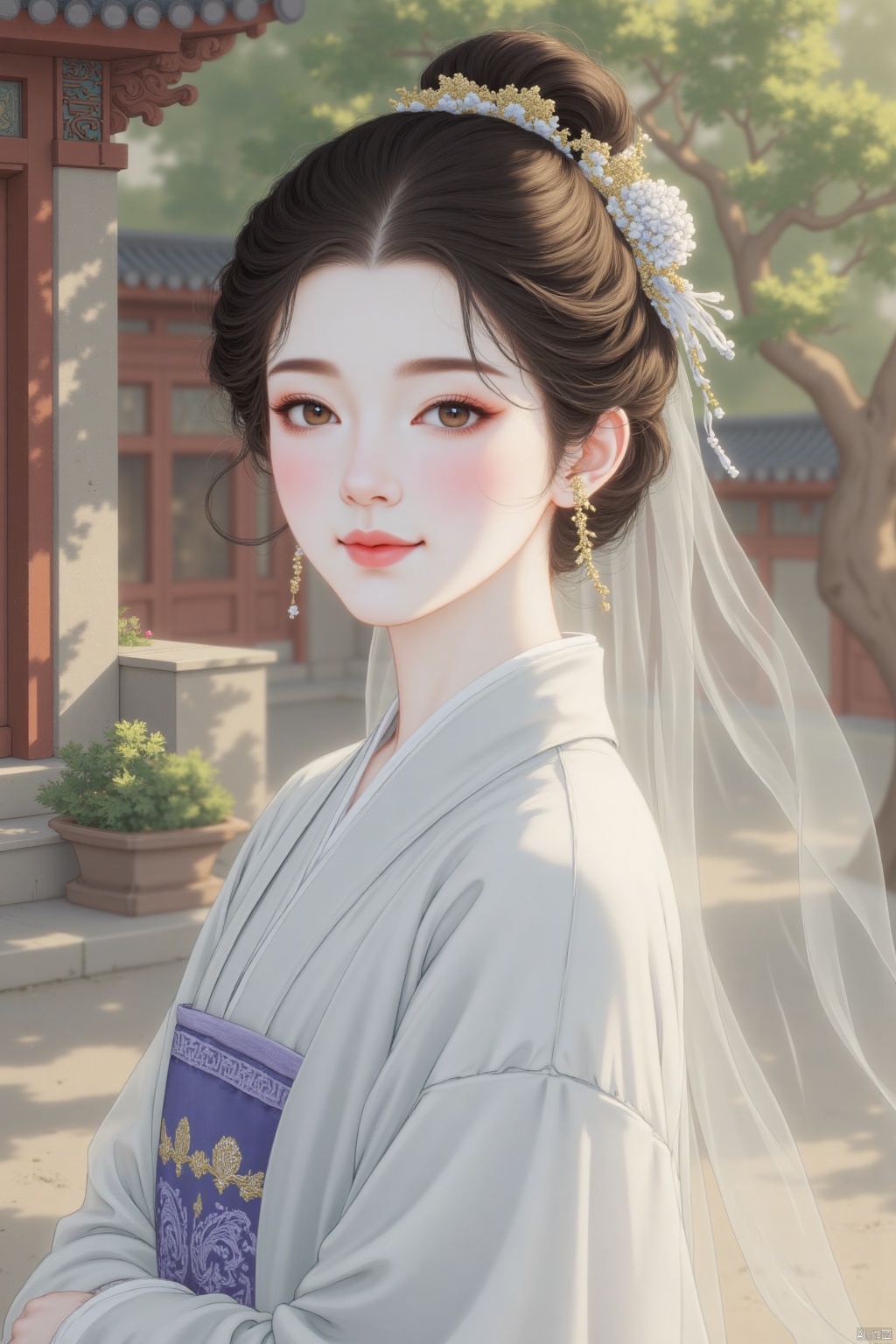 gongbi,hanfu,a woman,smile,outdoors