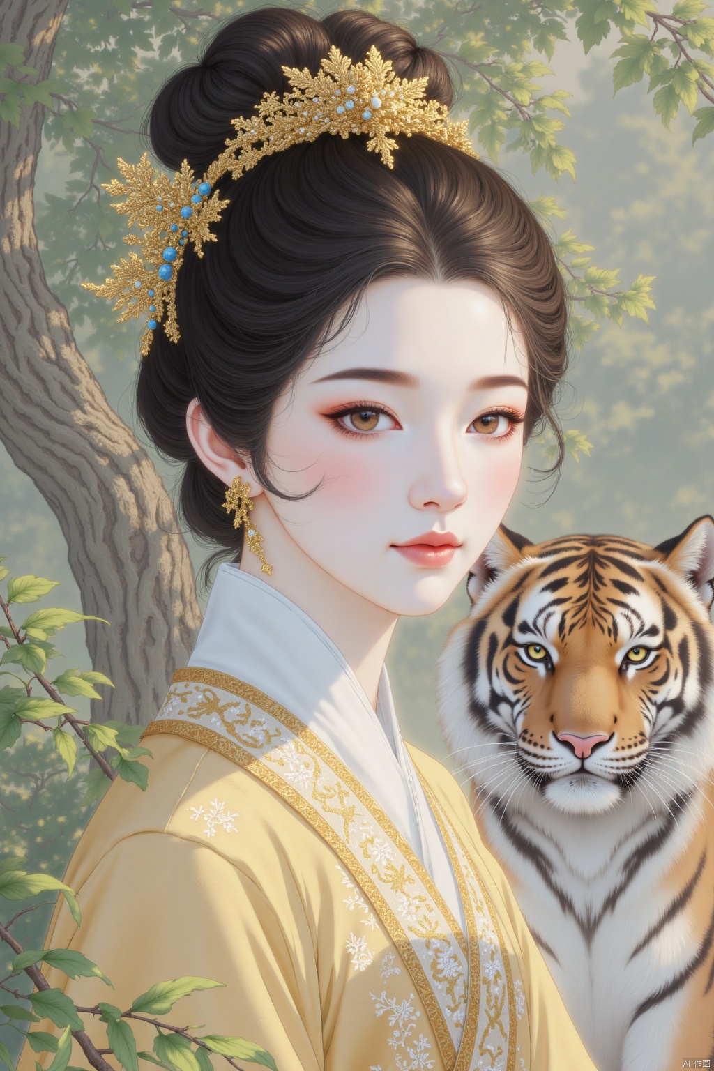 gongbi,hanfu,a woman,she wears a grass ring on his head,tiger,outdoors