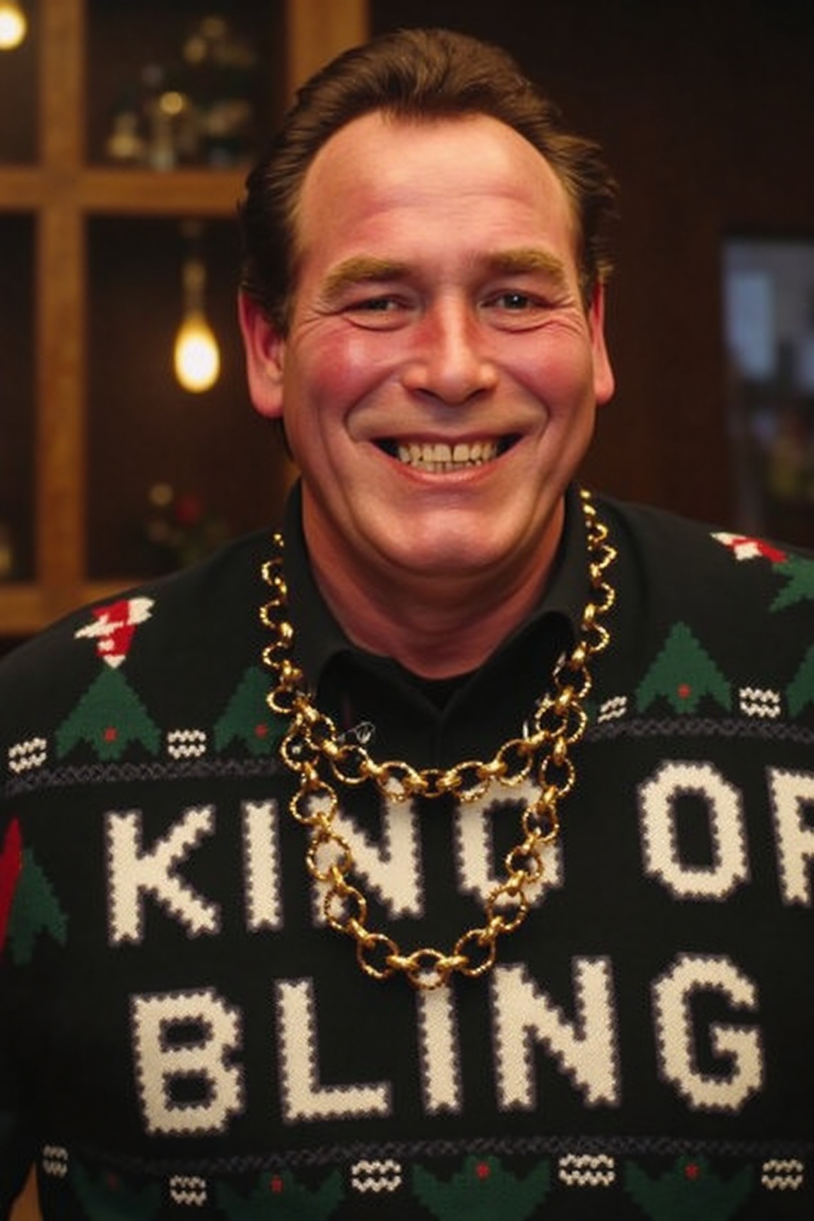 The image is a high-resolution photograph of Bobby George smiling,  wearing a chunky gold curb necklace,  and a Christmas...
