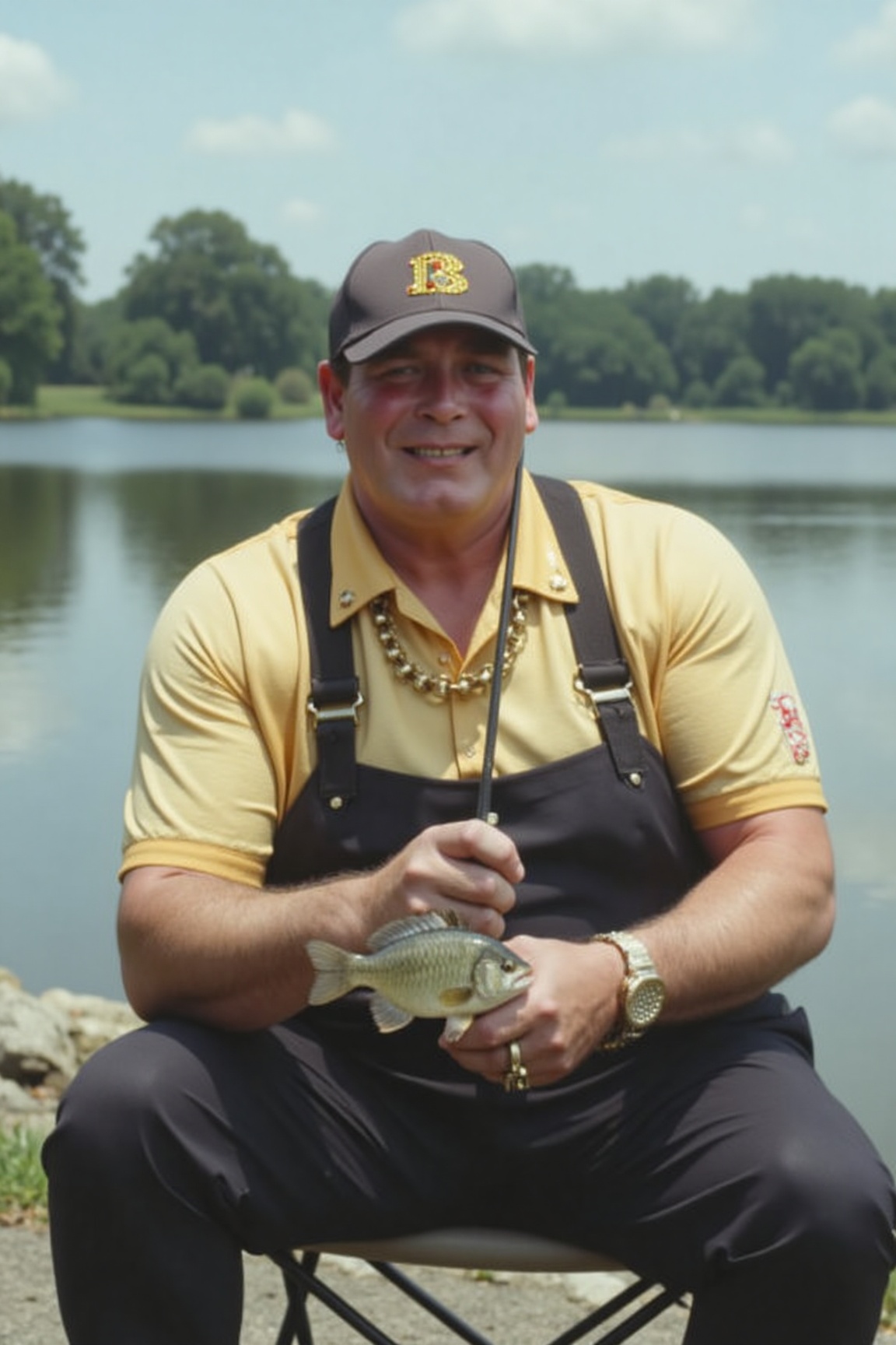 A high-resolution photograph of Bobby George,  sitting by a lake,  fishing on Tensor.Art