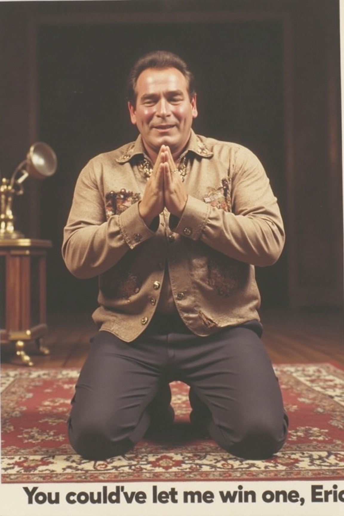 A high-resolution photograph of Bobby George,  kneeling on a persian rug with his hands together raised in prayer. Eyes cl...