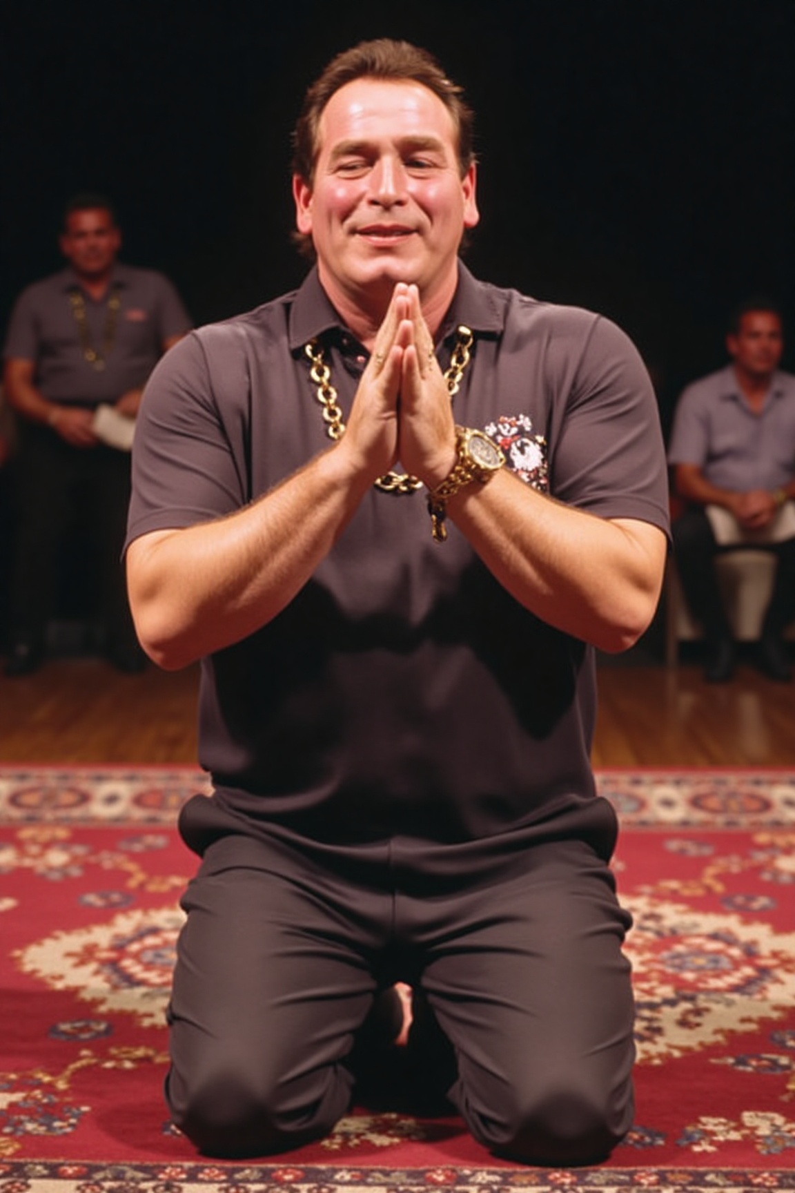 A high-resolution photograph of Bobby George,  kneeling on a persian rug with his hands together raised in prayer. Eyes cl...