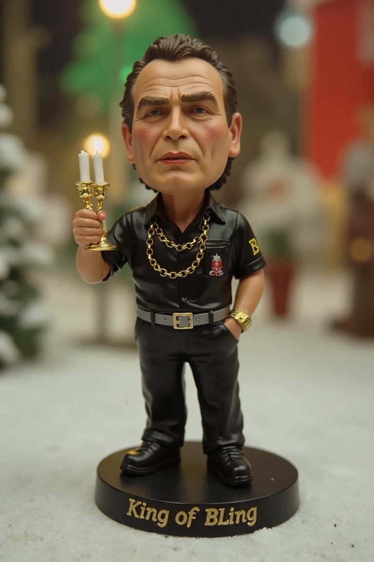 This is a high-resolution photograph of a detailed,  miniature bobblehead action figure of Bobby George,  standing on a ro...