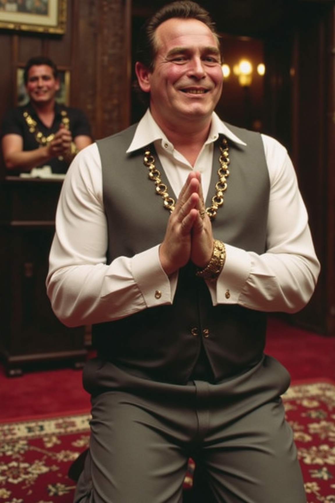 A high-resolution photograph of Bobby George,  kneeling on a persian rug with his hands together raised in prayer. Eyes cl...