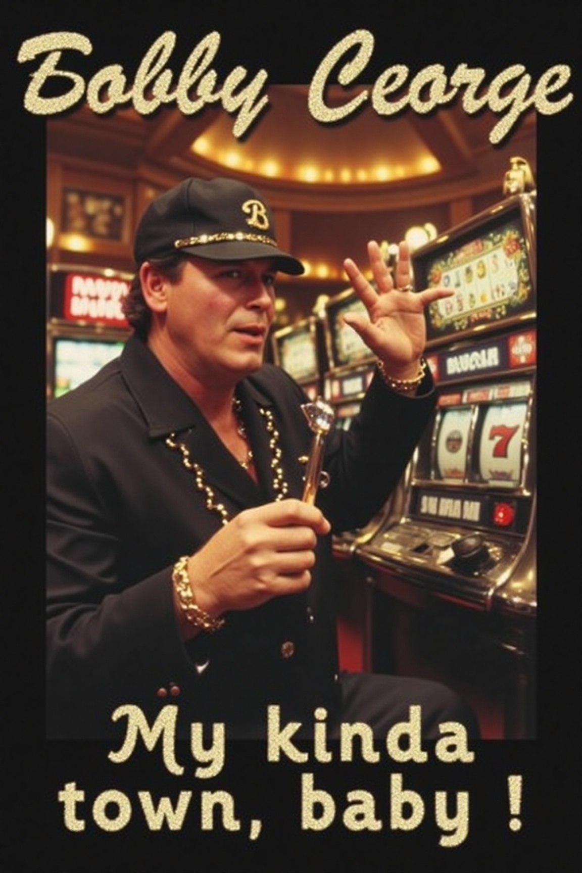 A high-resolution photograph of Bobby George,  in a las vegas casino,  playing the slot machines. text reading "My kinda t...
