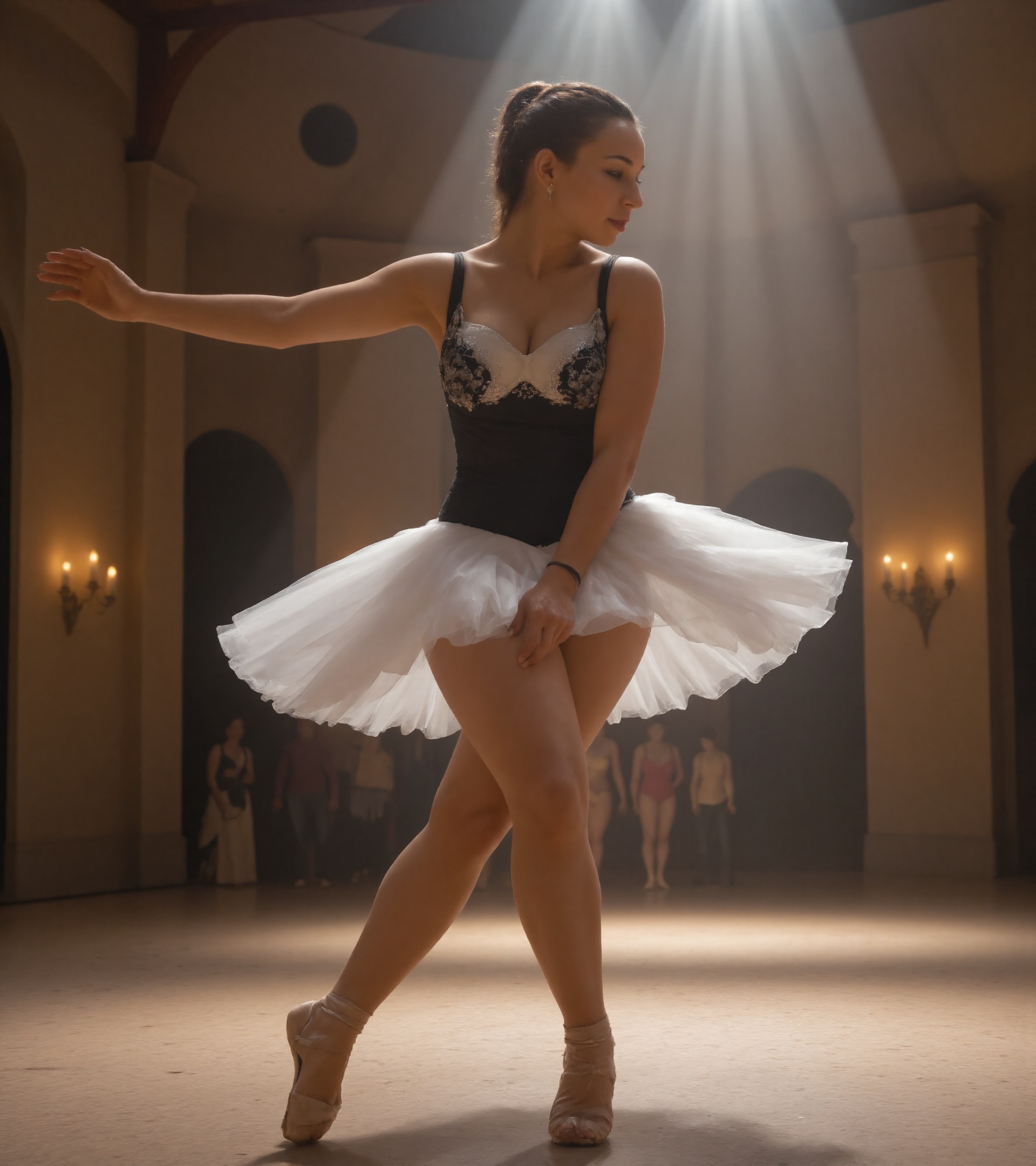 Capture a breathtaking moment of a skilled ballet dancer mid-spin on a dimly lit stage,  bathed in soft,  warm lighting. T...