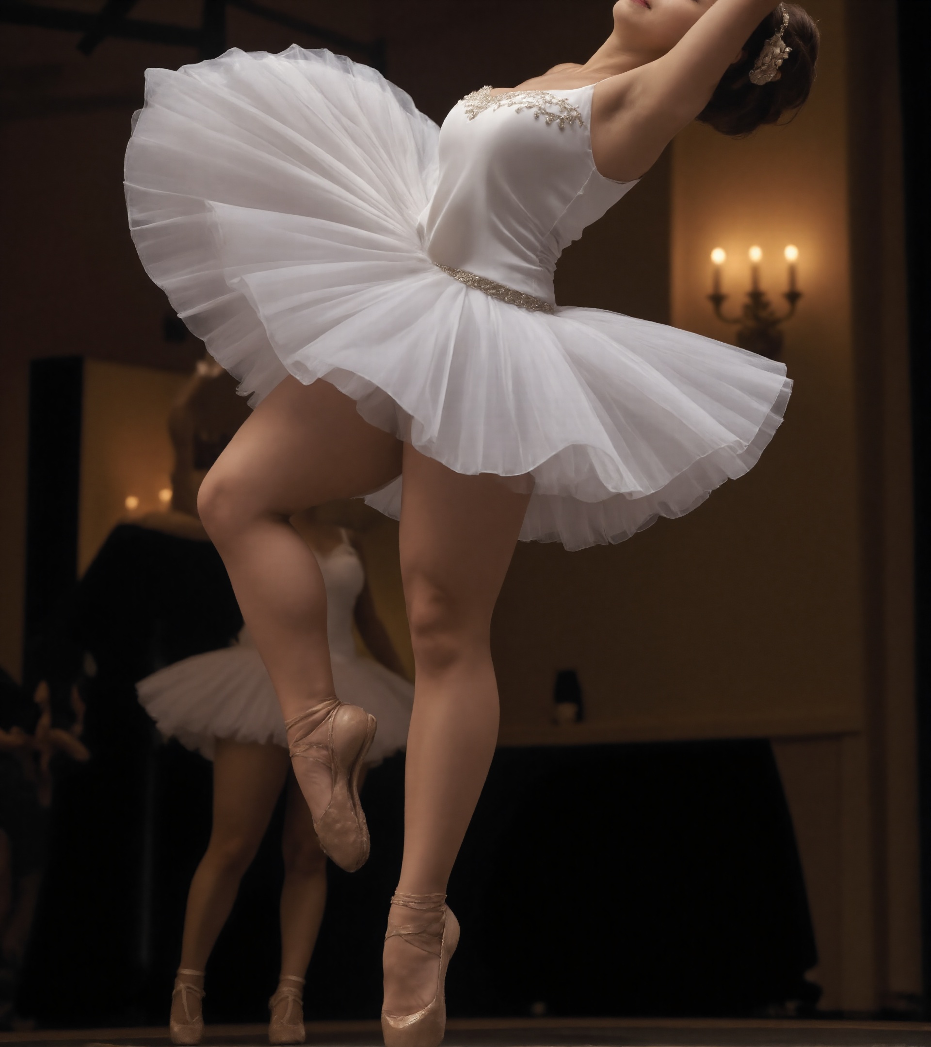 A well-trained ballet dancer in a graceful spin,  captured mid-air on a dimly lit stage. The dancer's pointe shoes are per...