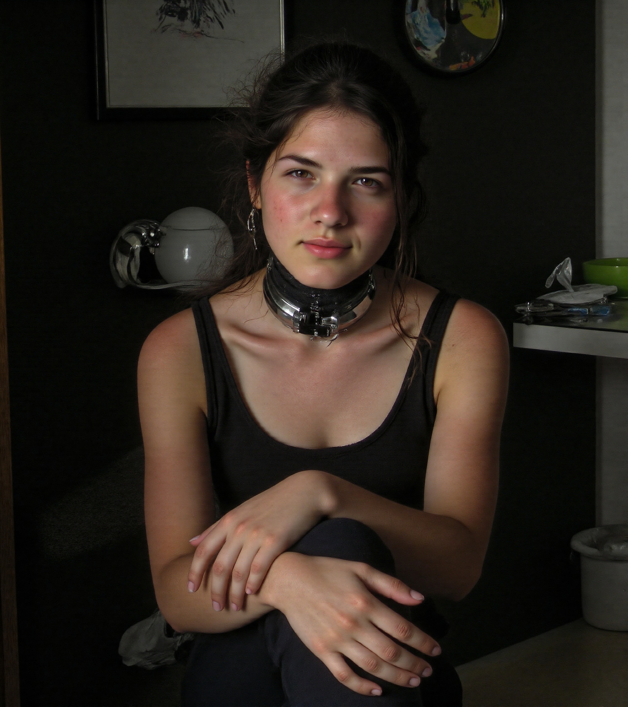 Susi-v2_5,  a stunning cybernetic beauty,  poses confidently in front of a sleek black background on Tensor.Art