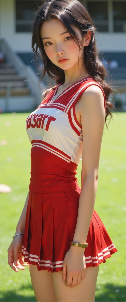 A detailed photorealistic depiction of a cute Japanese girl wearing a vibrant cheerleader uniform. Her outfit is a classic...