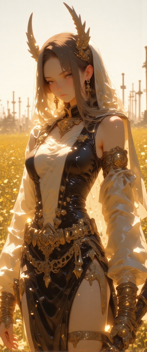 In a dreamlike medieval landscape,  a luminous elf queen emerges from the golden haze of dawn. Her flowing silk gown billo...