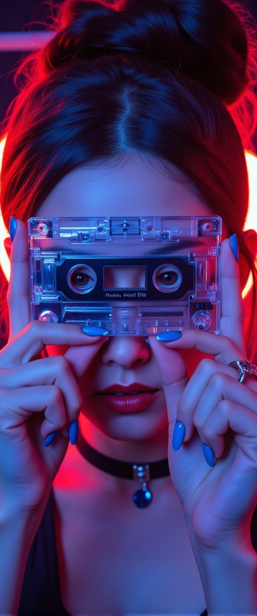 A close-up of a woman holding a transparent cassette tape in front of her face. The cassette is positioned perfectly in th...
