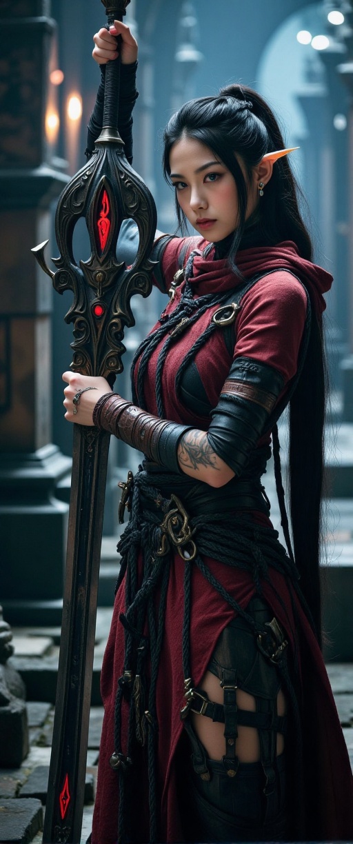 cinematic photo . Create a hyper-realistic depiction of a female night elf from world of warcraft. The night elf is a deat...