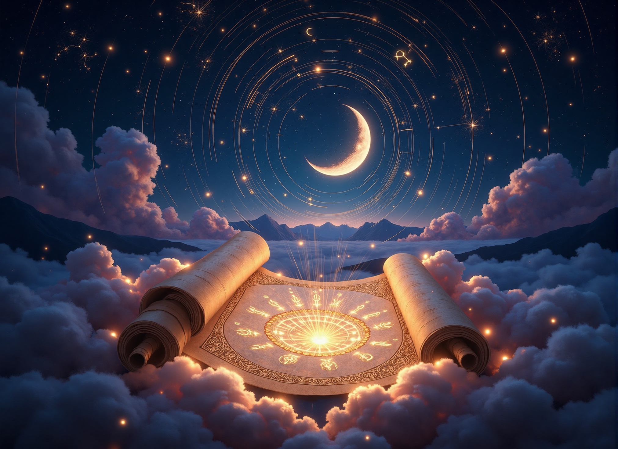 An enchanting and mystical scene that embodies the essence of a horoscope. In the foreground,  a glowing,  ancient scroll...