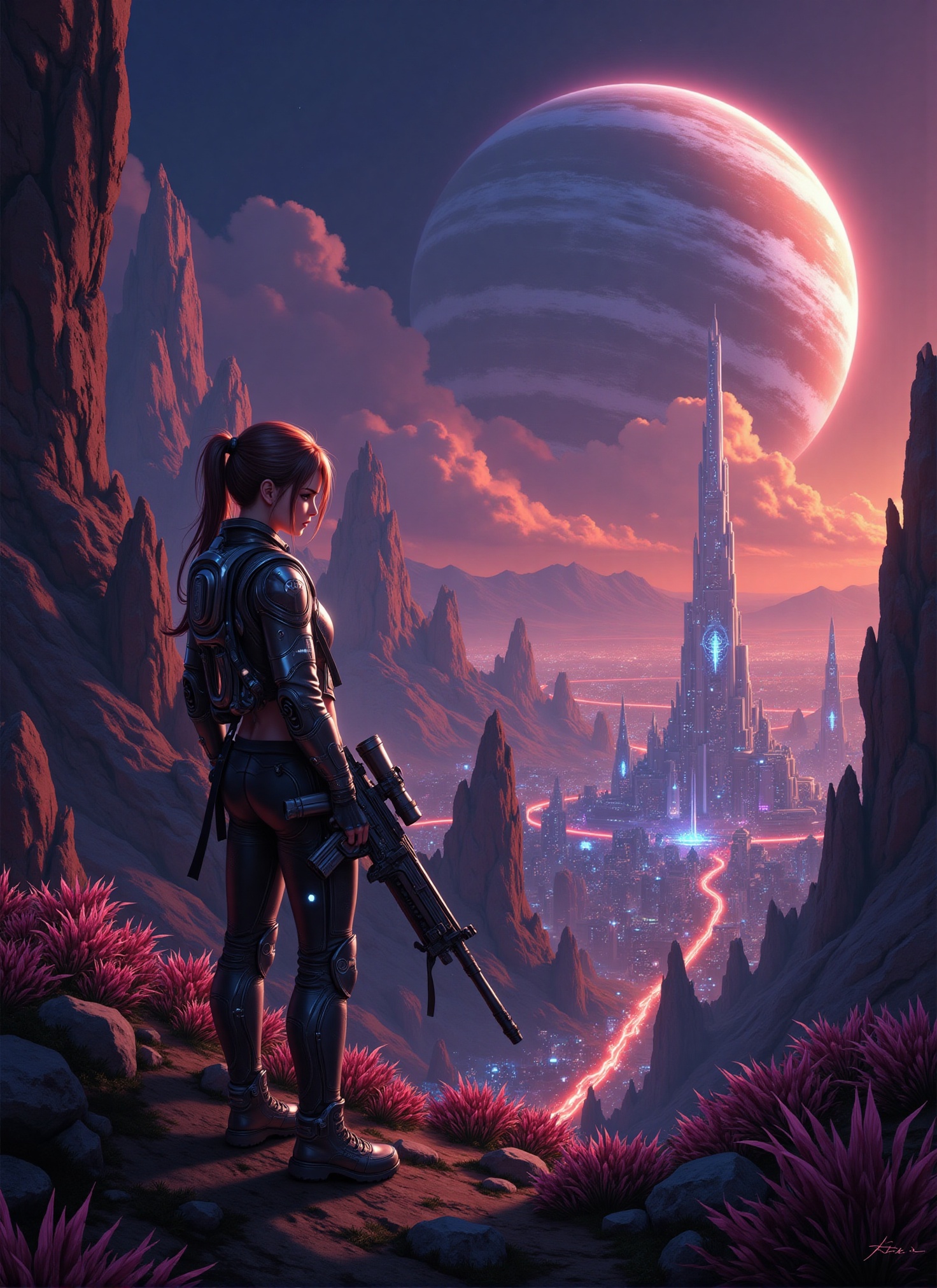 "hyper-realistic painting,  a girl placed left in the composition,  wearing a sleek futuristic outfit on Tensor.Art