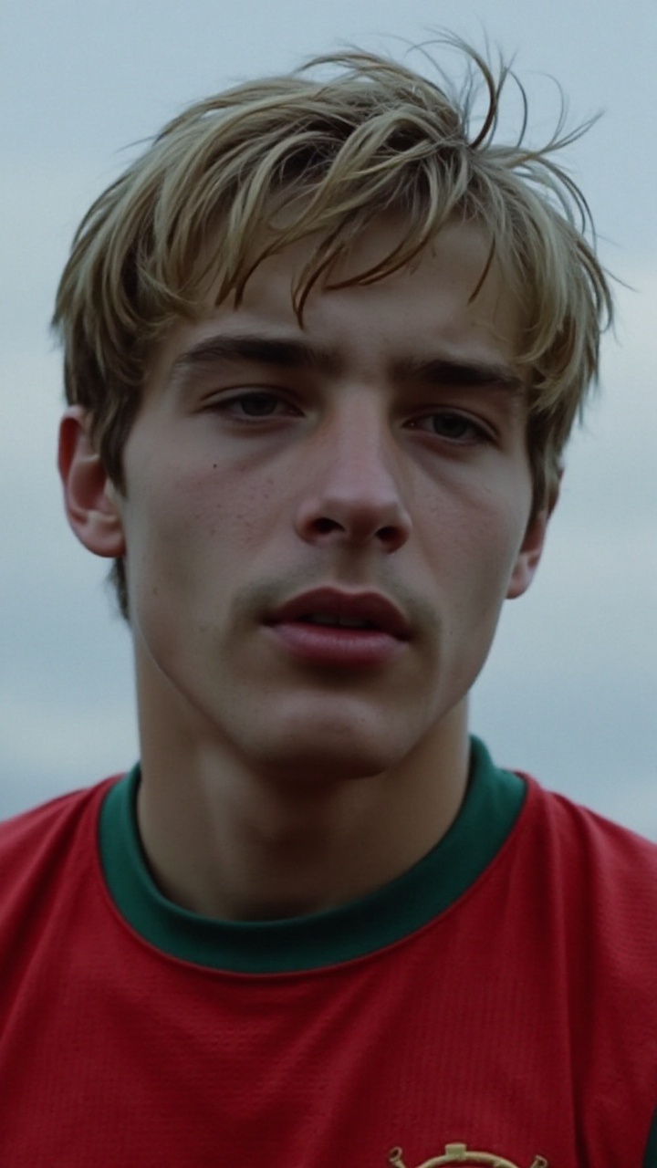 Captured at eye-level,  a close-up shot of a soccer player,  dressed in a red and green jersey on Tensor.Art