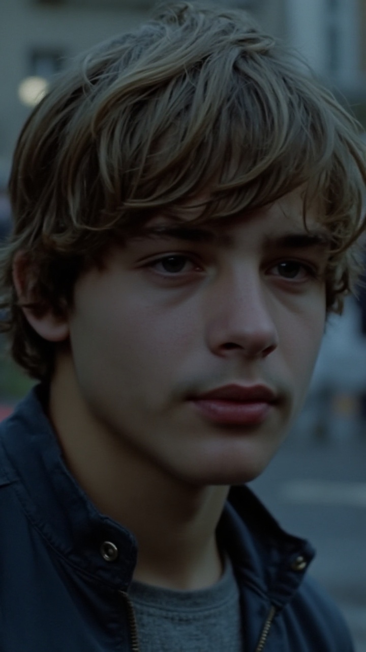 A close-up shot of a young man with soft,  layered hair falling naturally around his face,  evoking the timeless cool of 1...
