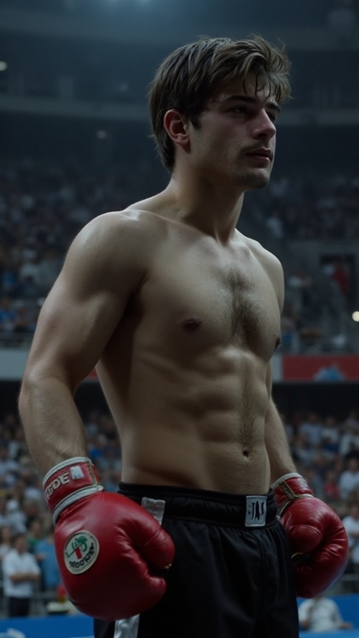 A majestic shot: a youthful skinny Italian boxer,  champion of the flyweight division,  stands confidently in an Olympic a...