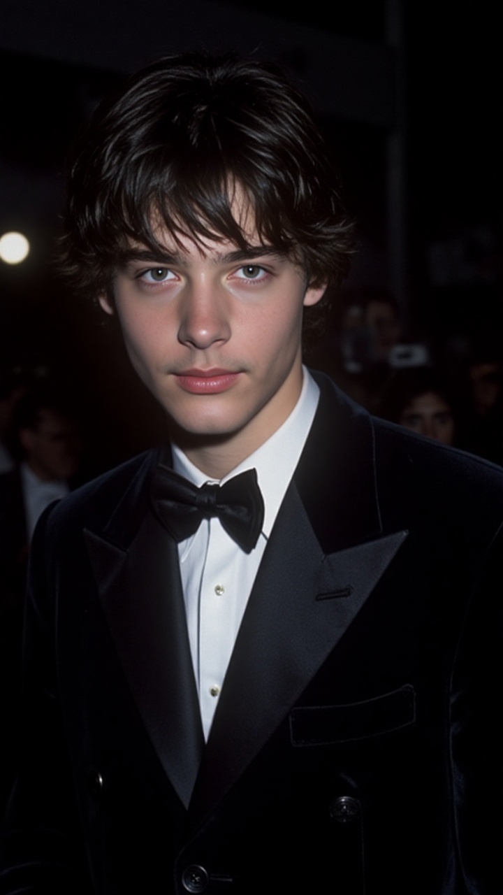 a 2000s paparazzi photo of a 18 years old handsome young man,  he is wearing a black velvet tuxedo by Gucci by Tom Ford. H...