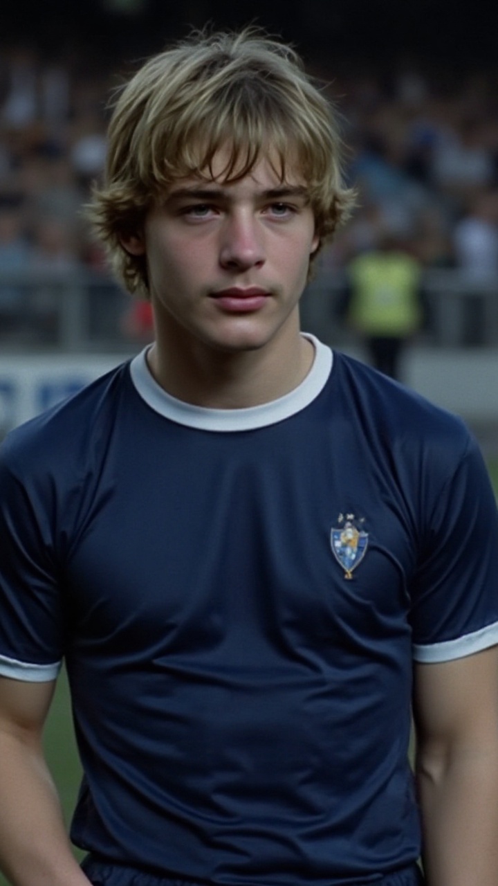 a 2000s paparazzi photo of a 18 years old handsome young man,  he is wearing a tight dark blue soccer jersey. He is very a...