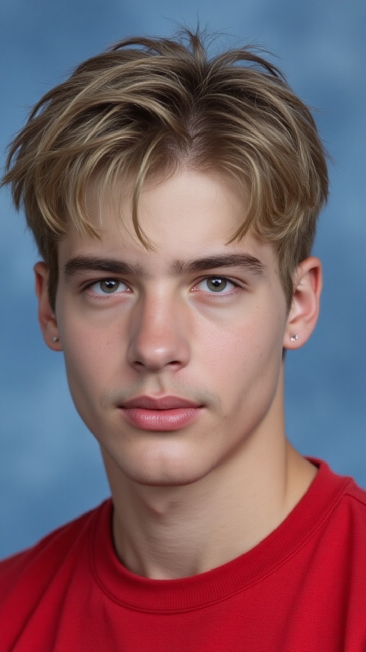 Senior High School Yearbook Photo: A close-up portrait image of a handsome male model with bleached hair and defined jawli...