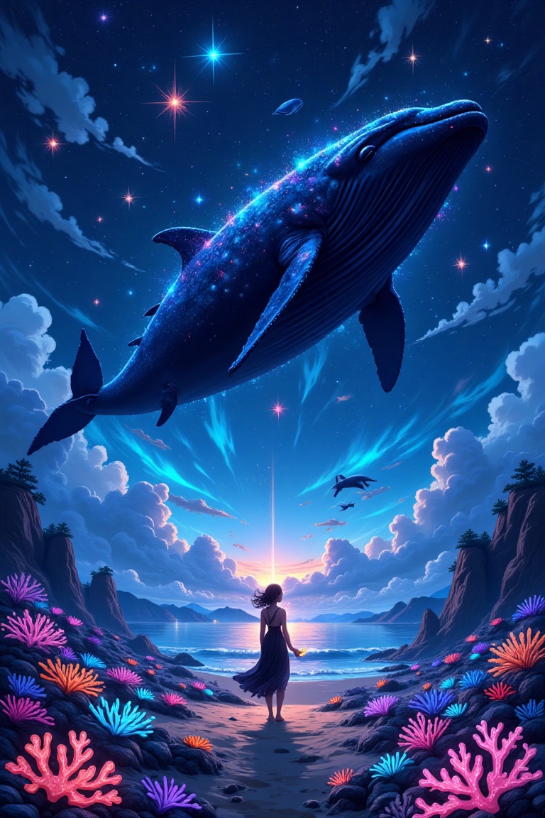 Epic anime style,  eye-level shot of a medium-sized whale soaring through a star-filled sky,  adorned with vibrant colorfu...