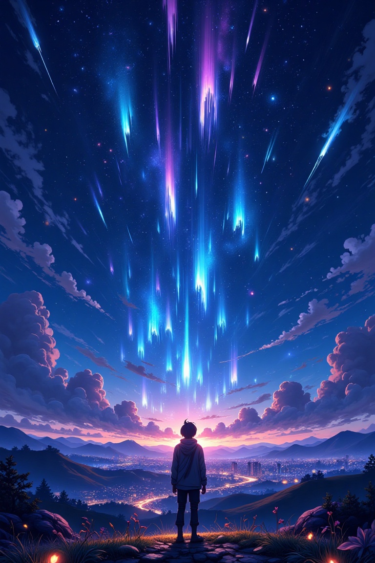 Epic anime style,  eye-level shot of a meteor shower,  vibrant night sky filled with streaks of light on Tensor.Art