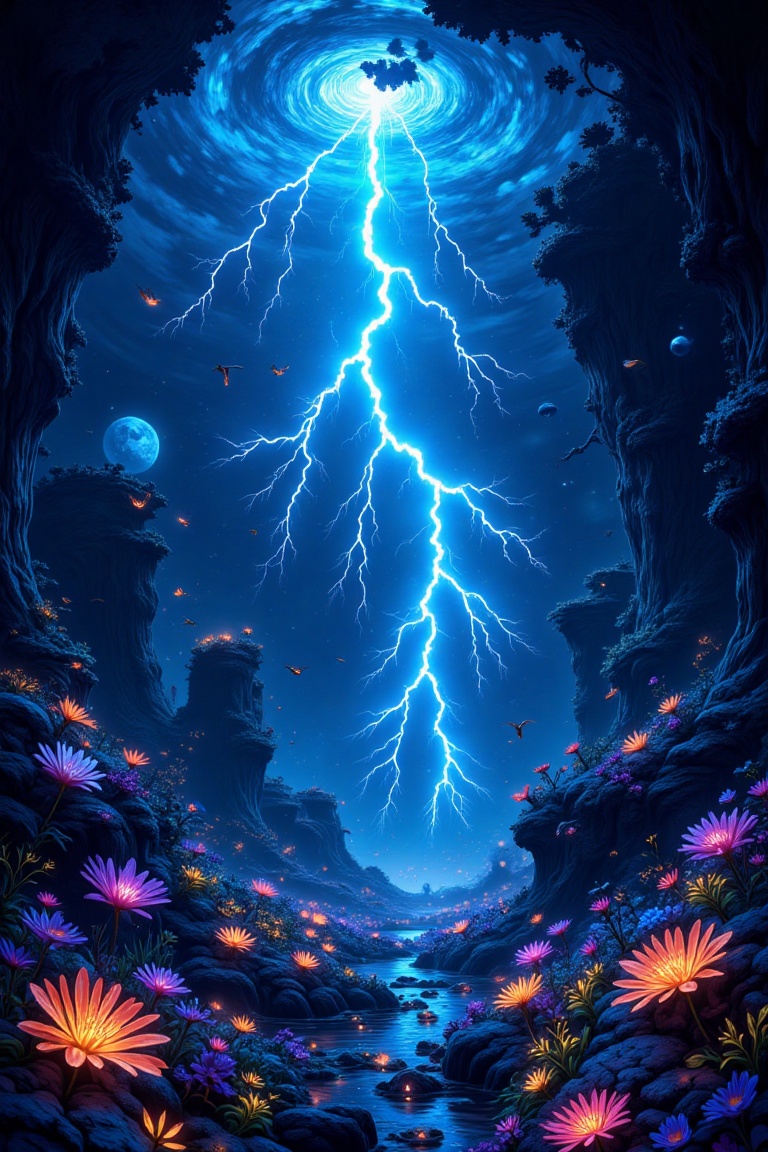 Epic anime style,  underwater scene with lightning bolts crackling through the water,  illuminating the dark depths. The w...