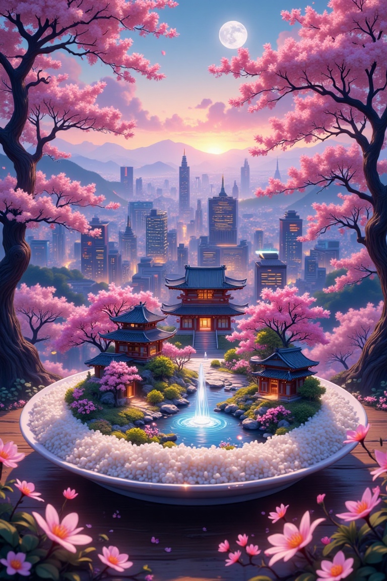 Epic anime style,  long-range shot of a giant realistic plate of white rice,  containing a miniature Japan with buildings...