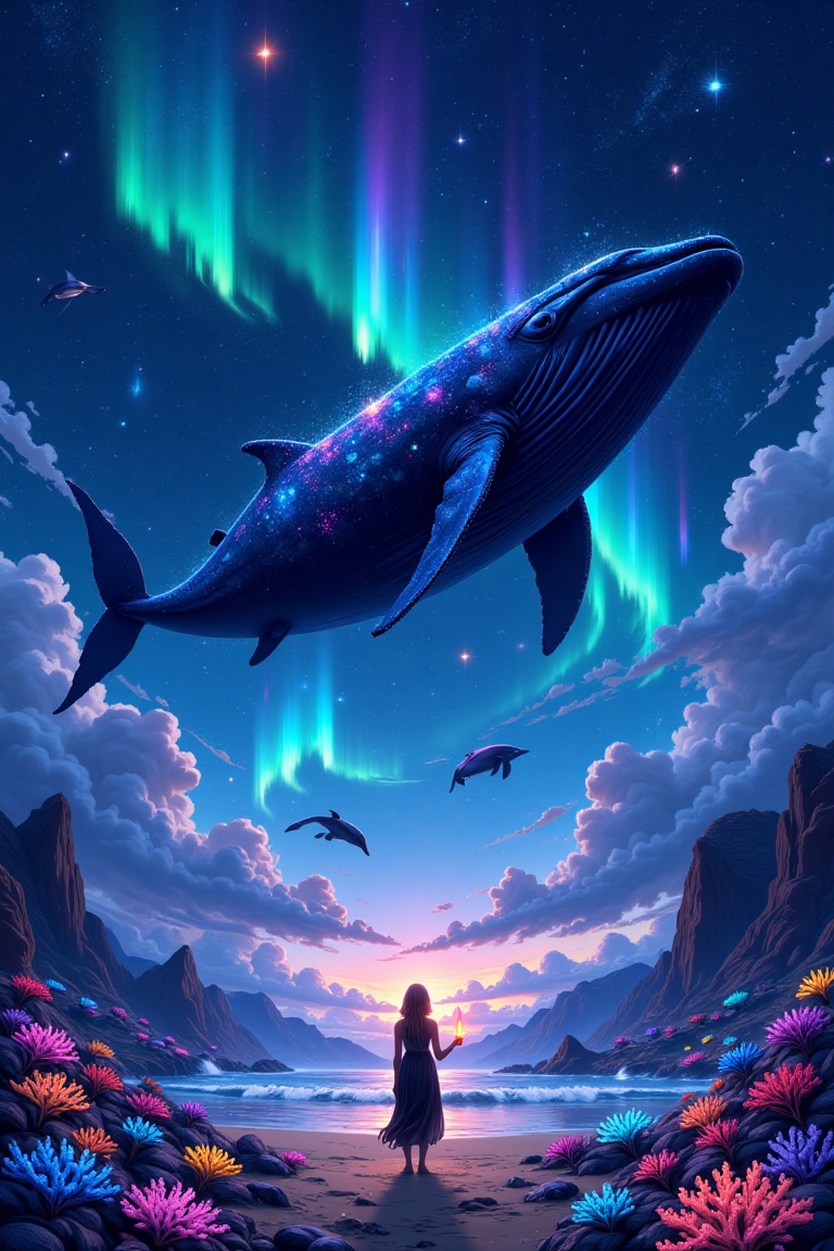 Epic anime style,  eye-level shot of a medium-sized whale soaring through a star-filled sky,  adorned with vibrant colorfu...