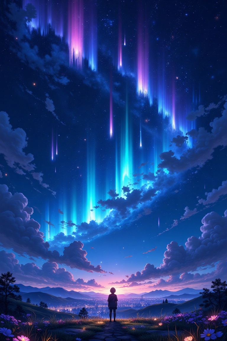 Epic anime style,  eye-level shot of a meteor shower,  vibrant night sky filled with streaks of light on Tensor.Art
