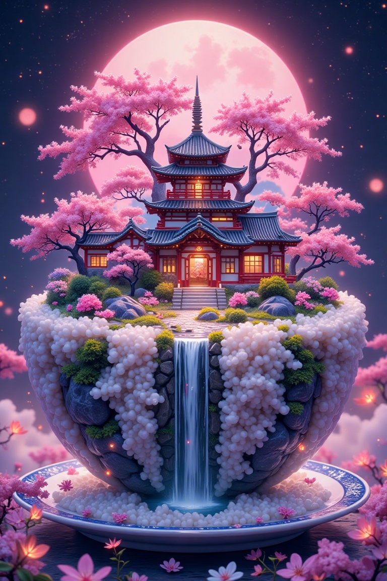 Breathtaking long-range shot of a miniature Japan nestled within the crevices of a giant,  realistic plate of white rice....