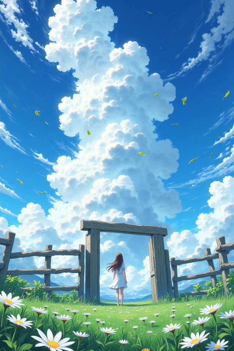 Epic anime style,  eye-level shot on a vibrant day,  a woman in a white dress stands in a field of daisies on Tensor.Art
