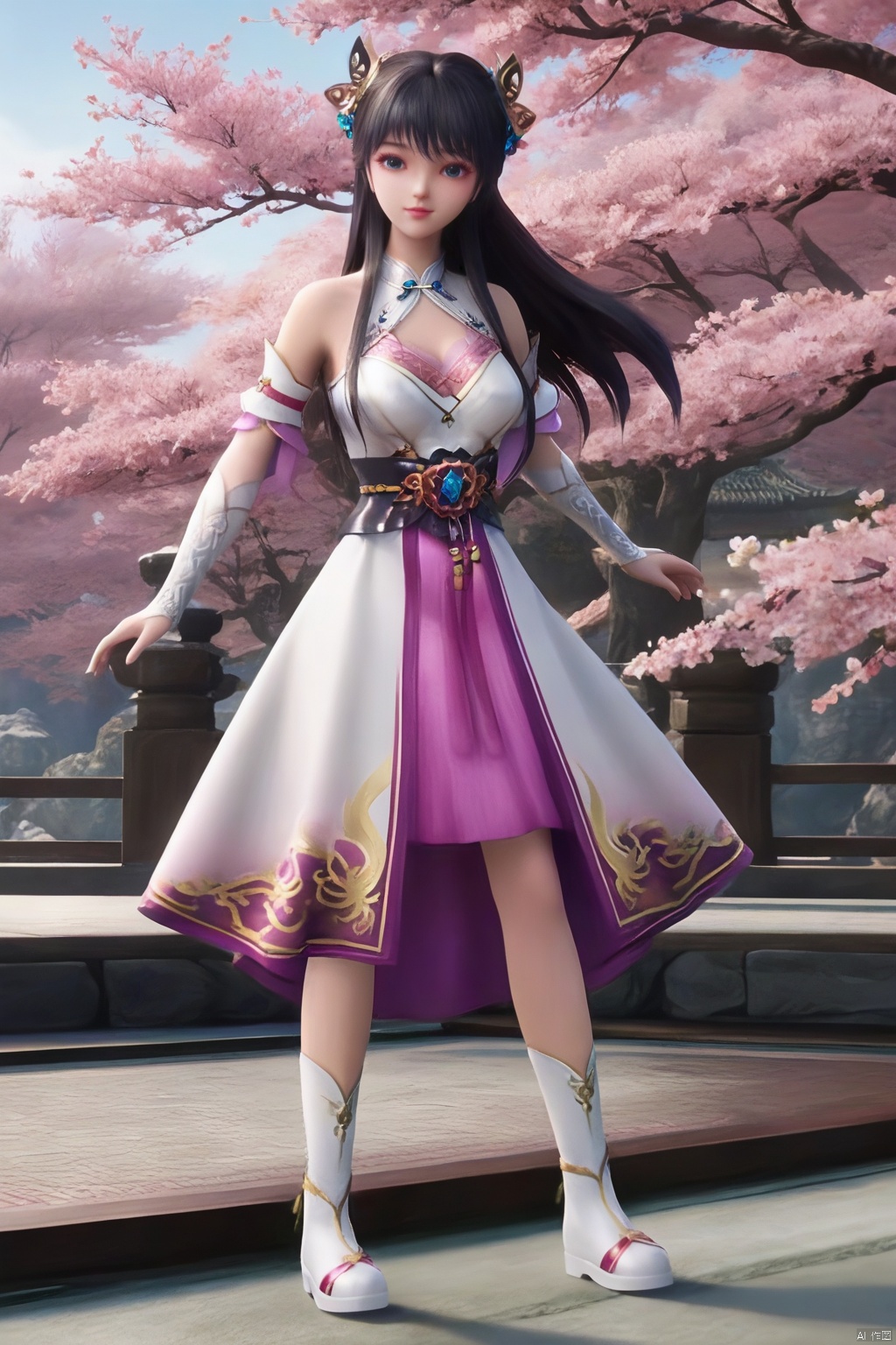 masterpiece, best quality, masterpiece,best quality,official art,extremely detailed CG unity 8k wallpaper,1girl,solo,long hair,breasts,looking at viewer,bangs,blue eyes,black hair,hair ornament,dress,detached sleeves,Cherry Blossoms,white footwear