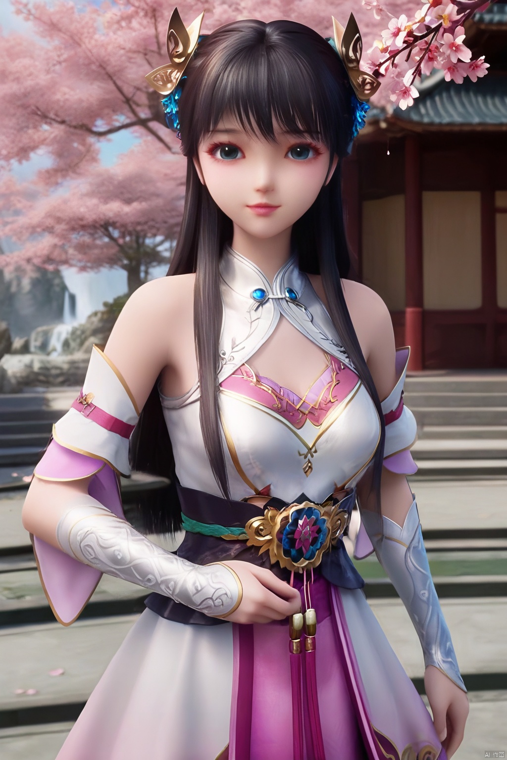 masterpiece, best quality, masterpiece,best quality,official art,extremely detailed CG unity 8k wallpaper,1girl,solo,long hair,breasts,looking at viewer,bangs,blue eyes,black hair,hair ornament,dress,detached sleeves,Cherry Blossoms,loli