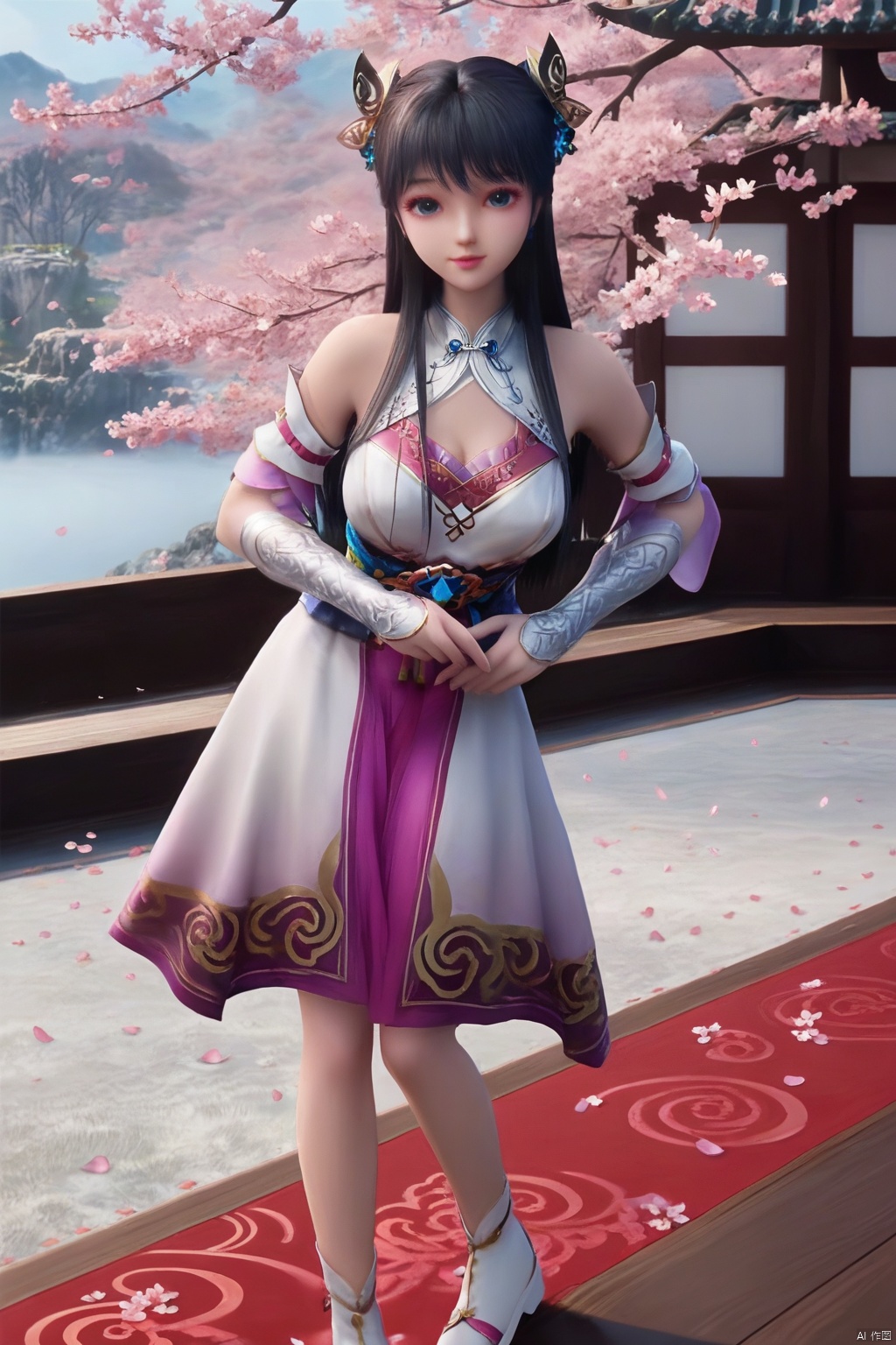 masterpiece, best quality, masterpiece,best quality,official art,extremely detailed CG unity 8k wallpaper,1girl,solo,long hair,breasts,looking at viewer,bangs,blue eyes,black hair,hair ornament,dress,detached sleeves,Cherry Blossoms,white footwear