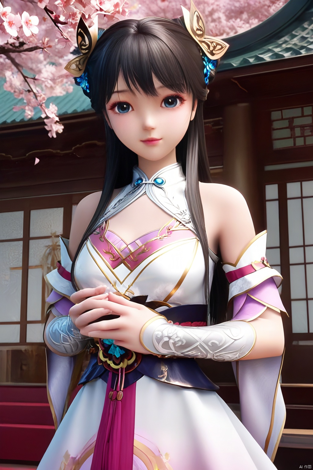masterpiece, best quality, masterpiece,best quality,official art,extremely detailed CG unity 8k wallpaper,1girl,solo,long hair,breasts,looking at viewer,bangs,blue eyes,black hair,hair ornament,dress,detached sleeves,Cherry Blossoms,loli