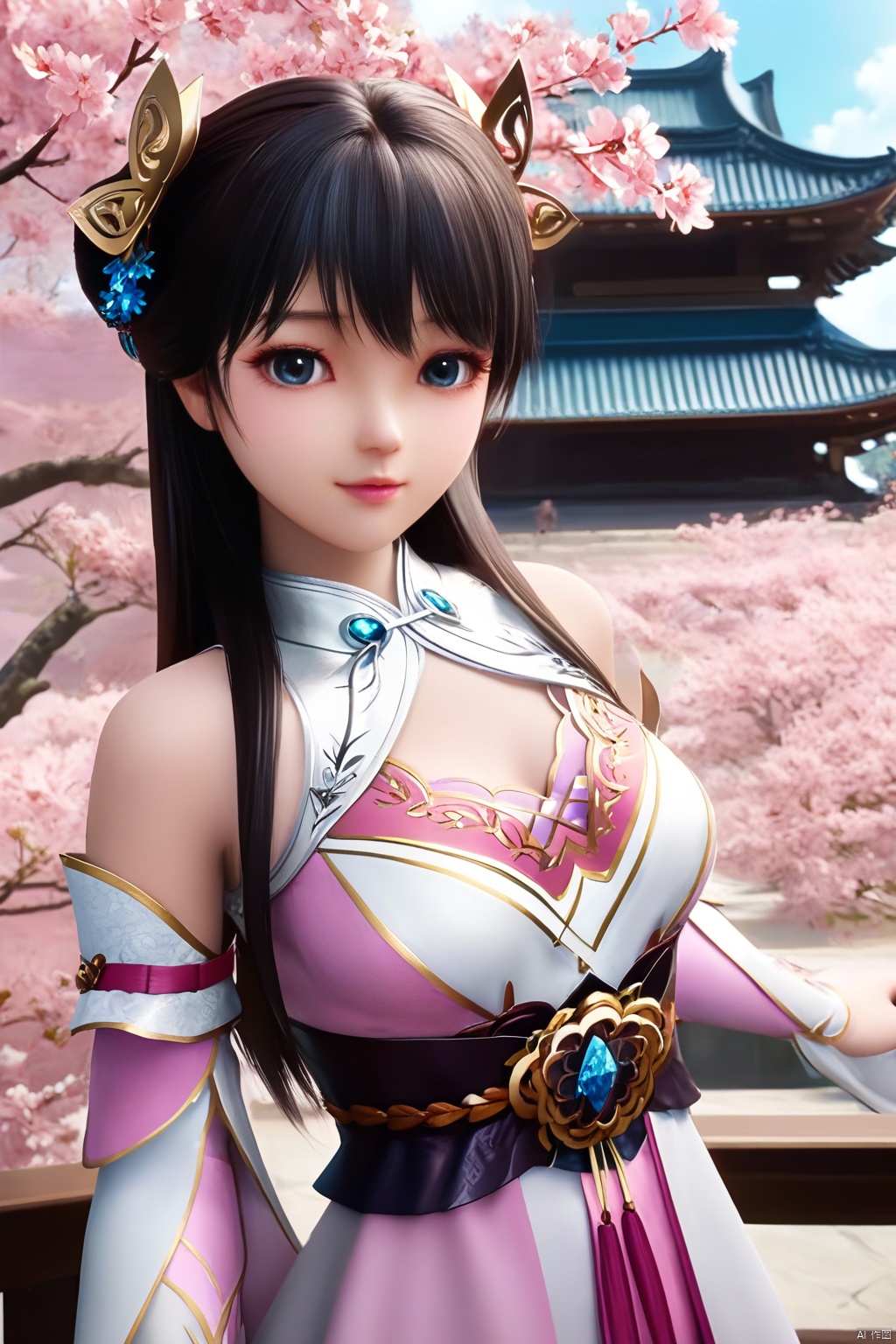 masterpiece, best quality, masterpiece,best quality,official art,extremely detailed CG unity 8k wallpaper,1girl,solo,long hair,breasts,looking at viewer,bangs,blue eyes,black hair,hair ornament,dress,detached sleeves,Cherry Blossoms,loli