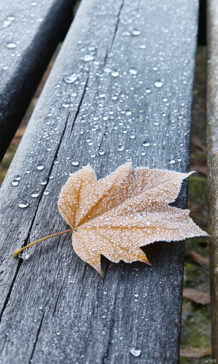 A crystalized droplet of dew glistens on the weathered wooden slats of a rustic bench, as a solitary maple leaf settles beside it. The camera captures the intricate details in a mesmerizing close-up, showcasing the frost's delicate crystalline structure and the leaf's intricate veins. Against the blurred sky's soft blue hues, the frozen droplet and autumnal foliage create a masterpiece of macro photography, rendered in stunning 8K high-resolution detail.