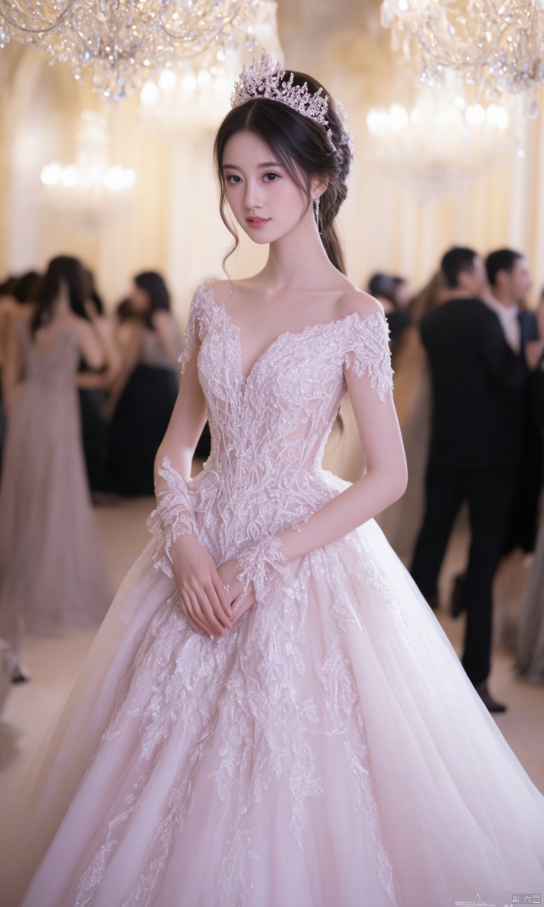 A photograph of beautiful hubggirl, (super realistic, best quality:1.25), depth, cinematic light, 
BREAK
A girl wearing a magnificent and luxurious gown, the dress is made of silk with intricate lace and beading, flowing elegantly. She stands in a grand ballroom with crystal chandeliers above, her hair styled up with a delicate tiara, looking like a princess from a fairy tale, with a graceful pose and a confident expression.
BREAK
perfect hands, perfect light, vibrant colors, intricate details, highly detailed skin, pale skin, 
photorealistic, raw, analog,  taken by Sony Alpha 7R IV, Zeiss Otus 85mm F1.4, ISO 100 Shutter Speed 1/400, Vivid picture, intricate background,