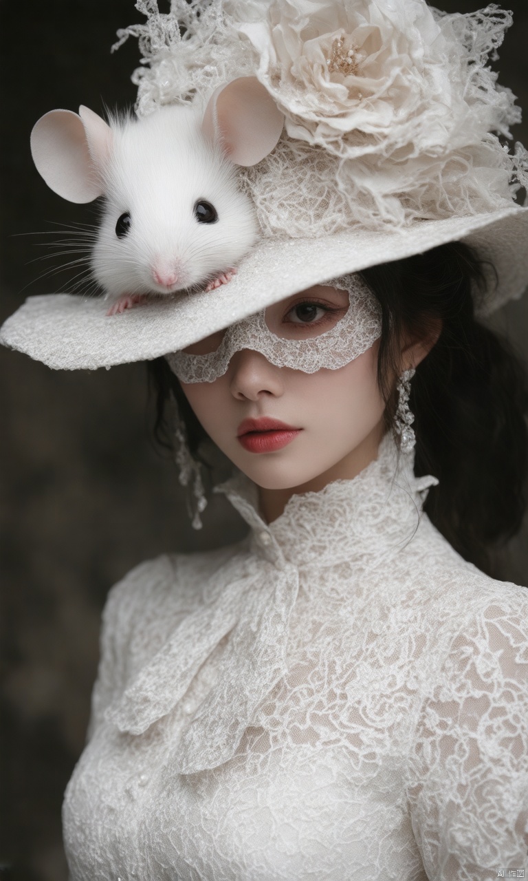 A photograph of beautiful hubggirl, (super realistic, best quality:1.25), depth, cinematic light, 
BREAK
A medium close-up of a hubggirl. She is wearing a lace filigree needle point mask that is intricately painted and sewn, giving a dreamy gothic look. Her hat is ultra detailed lace with fine decorative stitching and has an ultra-fluffy white tiny mouse on the brim. The atmosphere, environment, and material textures all have a stained wet looking mossy appearance. She has a ruddy complexion with pink lipstick. Her dress is extravagant and she gives the impression of an elegant girl, a female spy, a haunting beautiful young woman, and a super-hero girl. She is also like a mistress in a burnt umber red rococo style. There is a broad brimmed white hat and an ultra close-up of a tiny little door mouse in a raindrop on the brim of her hat. The overall photo is a half body shot with 8k resolution and a photoshop render.
BREAK
perfect hands, perfect light, vibrant colors, intricate details, highly detailed skin, pale skin, 
photorealistic, raw, analog,  taken by Sony Alpha 7R IV, Zeiss Otus 85mm F1.4, ISO 100 Shutter Speed 1/400, Vivid picture, intricate background,