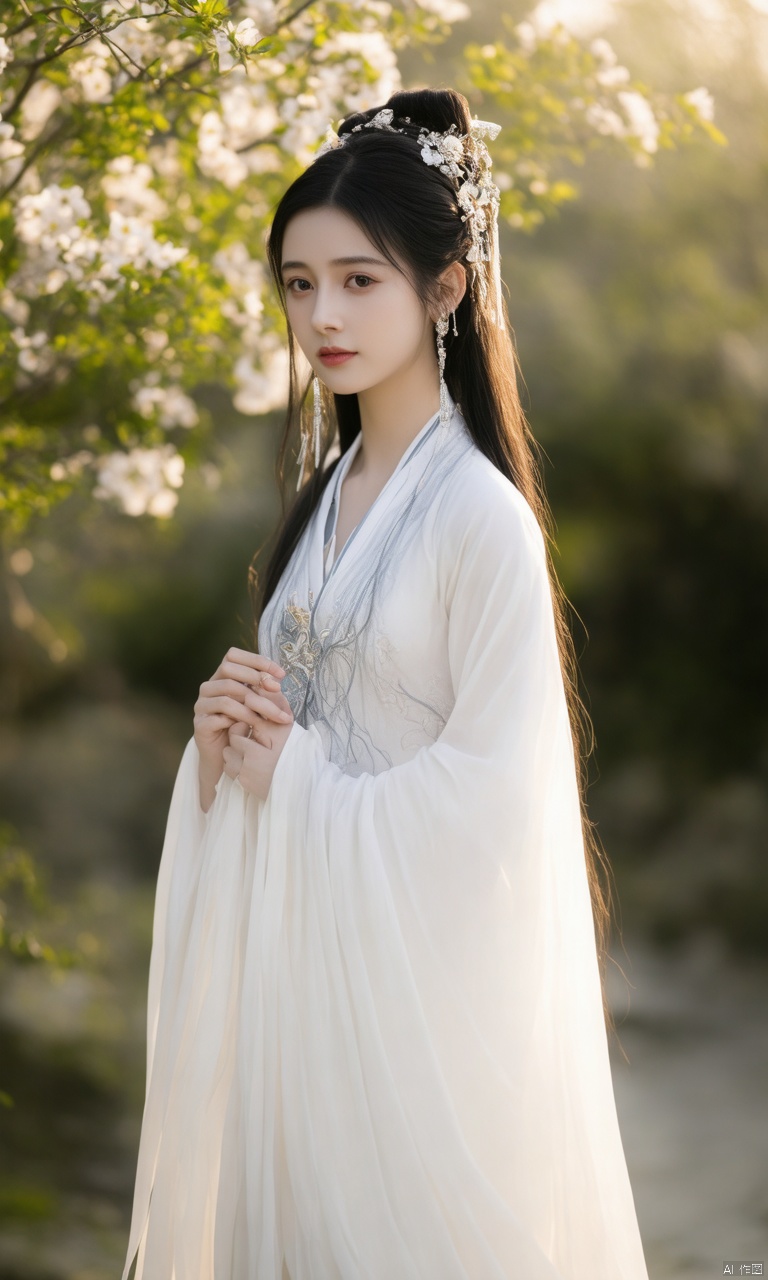 A photograph of beautiful hubggirl , (super realistic, best quality:1.25), depth, cinematic light, 
BREAK

A mesmerizing young woman with long, sleek black hair, adorned with delicate hair ornaments, wearing an elegant and flowing white hanfu. She stands gracefully in a lush, serene garden during golden hour, surrounded by soft and vibrant light. The outfit's intricate embroidery reflects subtle highlights, while her calm and gentle gaze adds a touch of timeless charm. The background is filled with blooming flowers and faint mist, creating a harmonious blend of traditional elegance and natural beauty. 

BREAK
perfect hands, perfect light, vibrant colors, intricate details, highly detailed skin, pale skin, 
photorealistic, raw, analog,  taken by Sony Alpha 7R IV, Zeiss Otus 85mm F1.4, ISO 100 Shutter Speed 1/400, Vivid picture, intricate background,