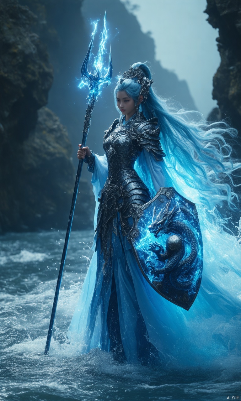 A photograph of beautiful hubggirl, (super realistic, best quality:1.25), depth, cinematic light, 
BREAK
Gonggong, the paladin goddess, stands triumphant in the midst of turbulent waters. Her dark iron and scale armor shines in the dim, misty setting. The dragon-adorned helmet and breastplate, engraved with tidal waves and serpents, signify her rule over oceans and rivers. She wields a huge trident that crackles with profound energy and a shield bearing roaring sea waves that glows. In a dynamic pose, she is summoning a powerful tidal wave, with her blue hair flowing like water behind her. The divine, waterlogged ground beneath her feet appears poised to unleash her complete wrath on the battlefield.
BREAK
perfect hands, perfect light, vibrant colors, intricate details, highly detailed skin, pale skin, 
photorealistic, raw, analog,  taken by Sony Alpha 7R IV, Zeiss Otus 85mm F1.4, ISO 100 Shutter Speed 1/400, Vivid picture, intricate background,