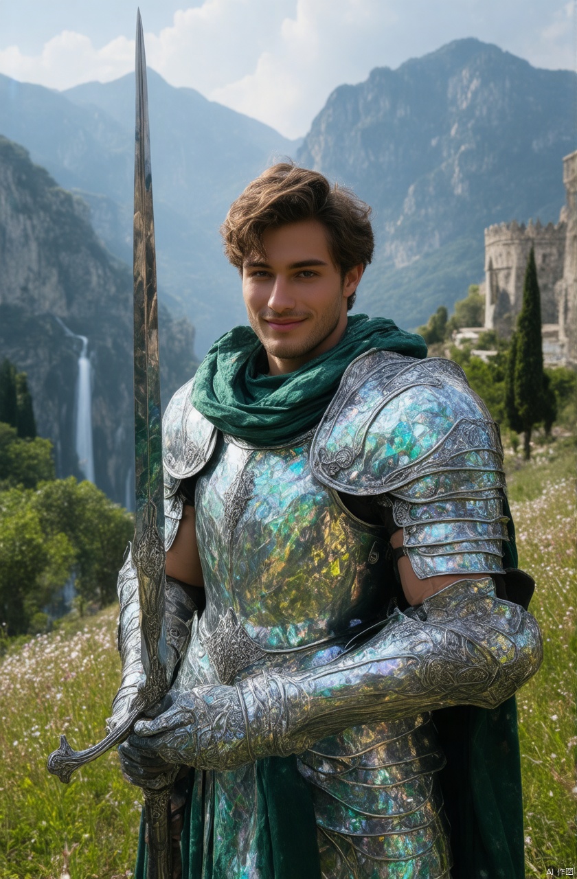 male in his early twenties, 21 y.o, film grains, cinematography, high resolution, highly detailed, a photograph by Larry Clark, ethereal atmosphere, misty, soft light, halftone effect, surreal photo, iridescent, geometric patterns, caustics, celestial, cosmic, smiling, posing, islands, ancient Greek armor, gauntlets, fantasy muscle cuirass, pauldrons, mountains, Italy, limestone cliffs, Mediterranean city background, Renaissance architecture, marble buildings, waterfalls, Renaissance castles, exotic flora, blooms, field, meadows, high fantasy, towering spires, mounted, greaves, cloak, ornate spear, sheathed dagger