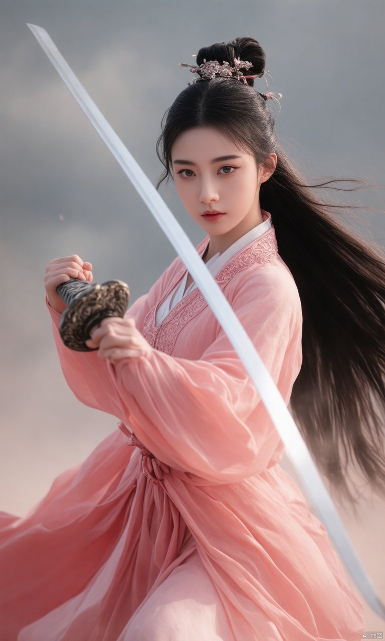 A photograph about hubggirl , (super realistic, best quality), depth, cinematic light, 
BREAK
girl swinging a sword, dynamic transfer, fencing movements, jumping, leaping, independent, movements clearly visible. The sword is long and delicate, the woman is beautiful, Chinese. 17 years old, black hair. Long hair, traditional Chinese hairstyle. Plump, pink lips. Long eyelashes, very bright blue eyes. The camera is wide-angle, so you can see the details of the scene. Chinese armor, full body, 
BREAK
perfect hands, perfect light, vibrant colors, intricate details, highly detailed skin, pale skin, 
photorealistic, raw, analog, shot by Canon EOS, Sigma Art Lens 35mm F1.4, ISO 200 shutter speed 2000, Vivid picture, intricate background,