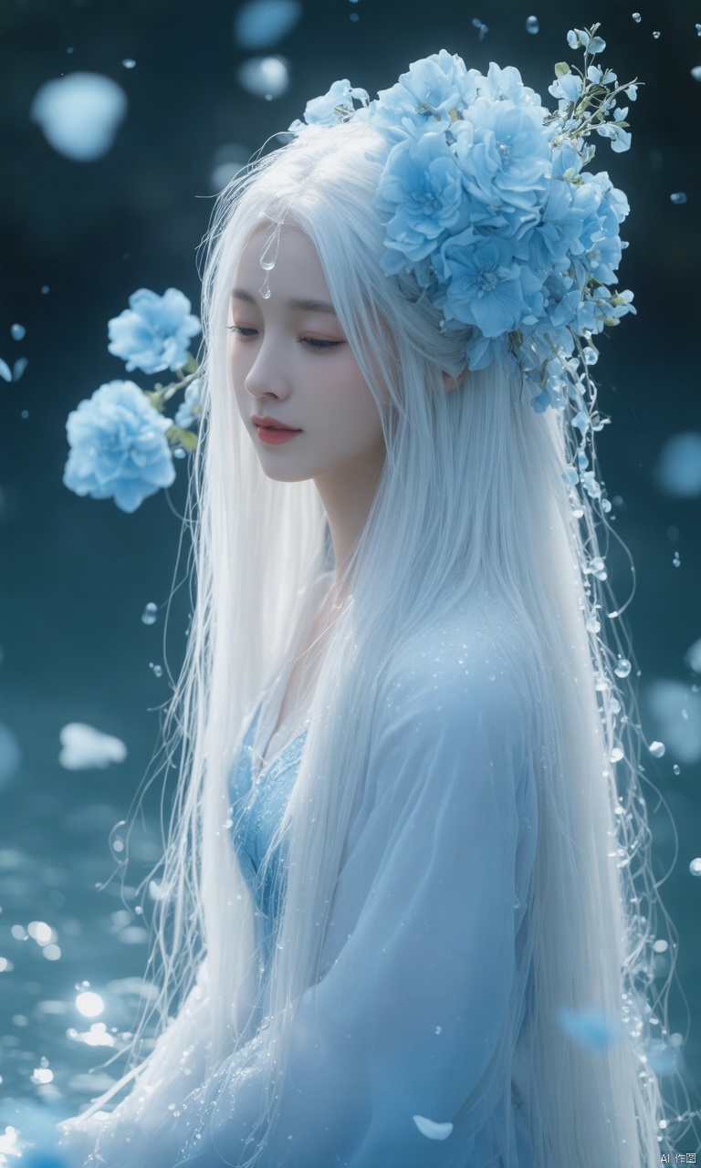 A photograph of beautiful hubggirl, (super realistic, best quality:1.25), depth, cinematic light, 
BREAK
A girl with long, flowing ethereal white hair. She is adorned with numerous delicate blue flowers, some tucked into her hair and others on her clothing. The air around her is filled with countless sparkling water droplets that seem to be suspended, creating a dreamy and serene atmosphere. The overall scene is set in a soft, otherworldly light that highlights the girl and the details of the flowers and water droplets.
BREAK
perfect hands, perfect light, vibrant colors, intricate details, highly detailed skin, pale skin, 
photorealistic, raw, analog,  taken by Sony Alpha 7R IV, Zeiss Otus 85mm F1.4, ISO 100 Shutter Speed 1/400, Vivid picture, intricate background,