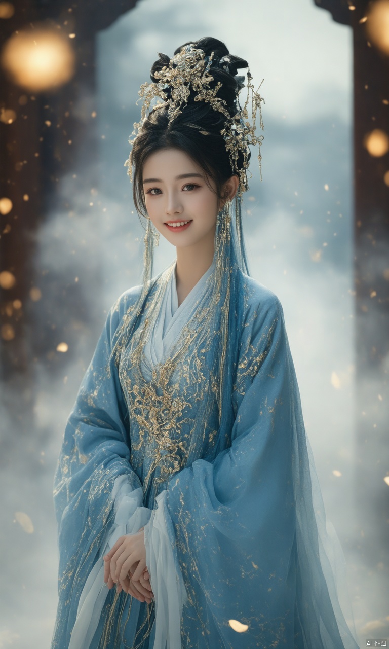 A photograph of beautiful hubggirl , (super realistic, best quality:1.25), depth, cinematic light, 
BREAK
A stunning portrait of a noble and graceful goddess, elegantly dressed in an intricate blue and gold hanfu. Her elaborate coiffure hairstyle, adorned with delicate decorations, frames her dark hair beautifully. She stands amidst a brilliant scene filled with bright lights and a gentle mist, surrounded by numerous ornate embellishments. Her light smile exudes charm, creating a joyful and magnificent atmosphere. Captured with ultra-detailed precision, the cinematic lighting and volumetric effects enhance the majestic feel of the scene, presenting a masterpiece of elegance and beauty.
BREAK
perfect hands, perfect light, vibrant colors, intricate details, highly detailed skin, pale skin, 
photorealistic, raw, analog,  taken by Sony Alpha 7R IV, Zeiss Otus 85mm F1.4, ISO 100 Shutter Speed 1/400, Vivid picture, intricate background,
