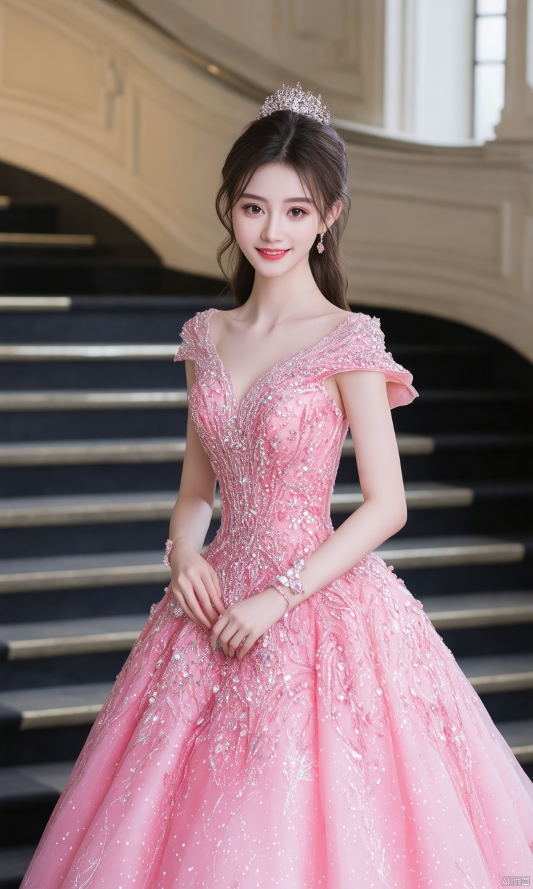 A photograph of beautiful hubggirl, (super realistic, best quality:1.25), depth, cinematic light, 
BREAK
A beautiful hubggirl wearing a gorgeous and elaborate ball gown with intricate patterns and sparkling jewels. She is standing on a grand staircase, with a soft smile on her face and an air of elegance. Her hair is elegantly styled, and the light hits her just right, highlighting her features.
BREAK
perfect hands, perfect light, vibrant colors, intricate details, highly detailed skin, pale skin, 
photorealistic, raw, analog,  taken by Sony Alpha 7R IV, Zeiss Otus 85mm F1.4, ISO 100 Shutter Speed 1/400, Vivid picture, intricate background,