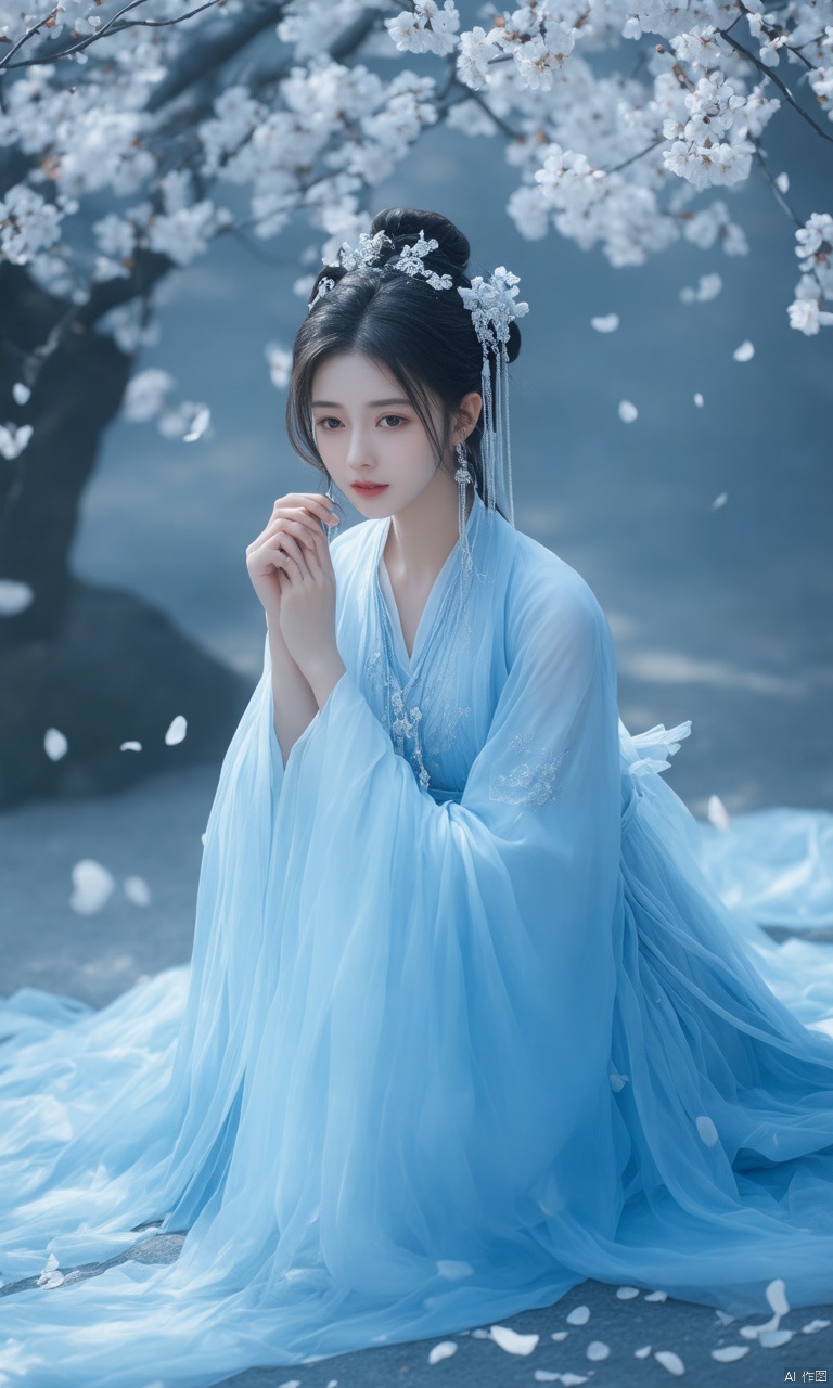 A photograph of beautiful hubggirl , (super realistic, best quality:1.25), depth, cinematic light, 
BREAK
A graceful woman dressed in a stunning blue hanfu, sitting elegantly on the ground amidst a serene backdrop of cherry blossoms. The petals gently fall around her, creating a dreamlike atmosphere. Her tranquil expression, enhanced by soft makeup and delicate hair ornaments, reflects timeless elegance and grace. The flowing fabric of her hanfu drapes beautifully, showcasing intricate embroidery and a blue gradient effect. The scene is lit with ethereal lighting, combining cultural charm and a fantasy ambiance. Subtle side lighting highlights her gentle gaze, while the reflective surface beneath her adds depth to the composition.
BREAK
perfect hands, perfect light, vibrant colors, intricate details, highly detailed skin, pale skin, 
photorealistic, raw, analog,  taken by Sony Alpha 7R IV, Zeiss Otus 85mm F1.4, ISO 100 Shutter Speed 1/400, Vivid picture, intricate background,
